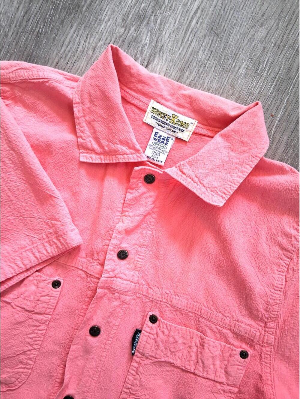 Vintage Honey-Komb Men's Medium, Pink Breathable Cotton Snap Button Up S/S Shirt